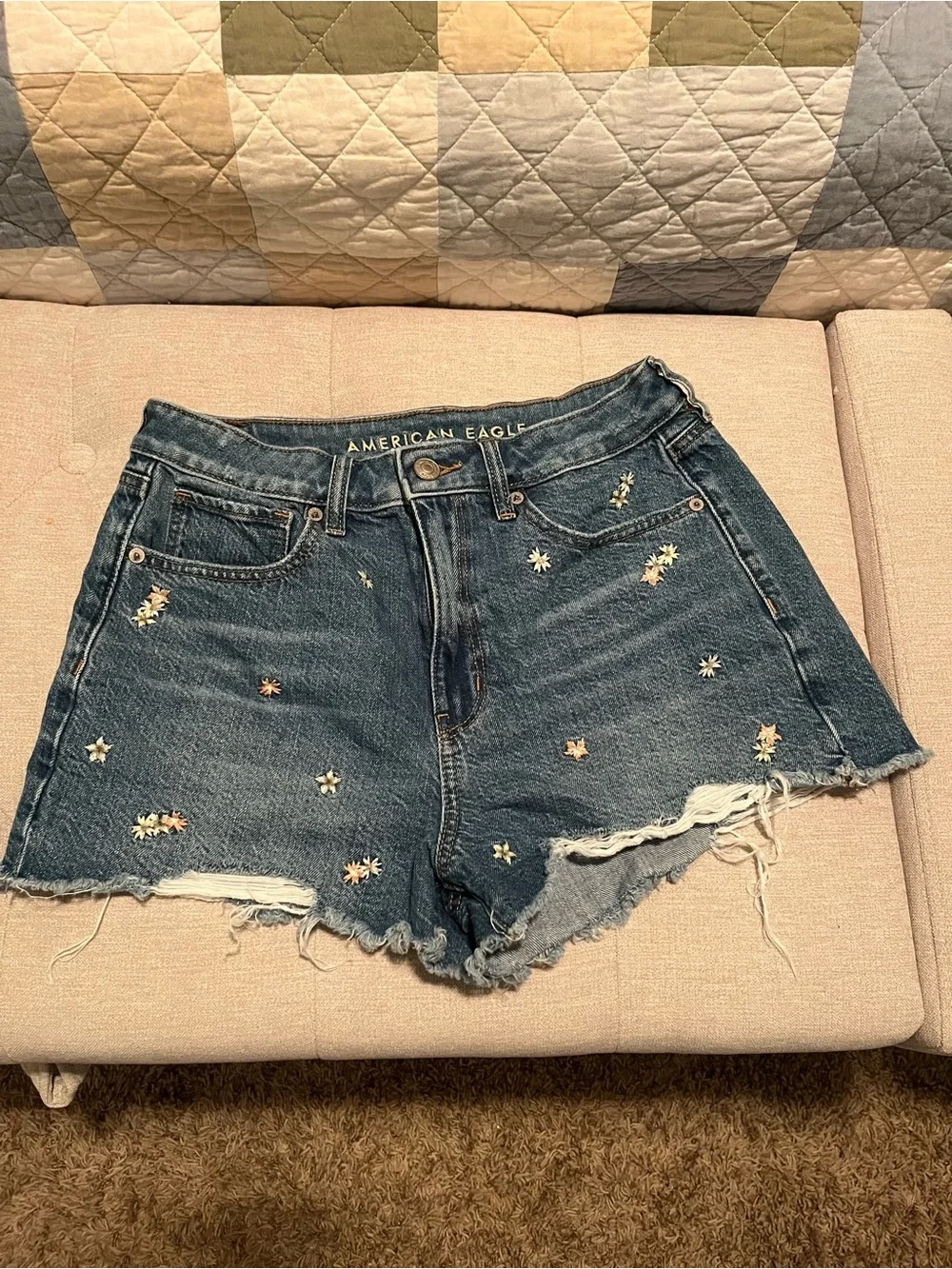 American Eagle Outfitters Blue Denim Daisy Embroidered High-Rise Shorts
